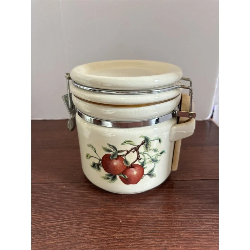 Vintage Ceramic Food Canister Set Pears Apples Grapes‎ With Wooden Spoons